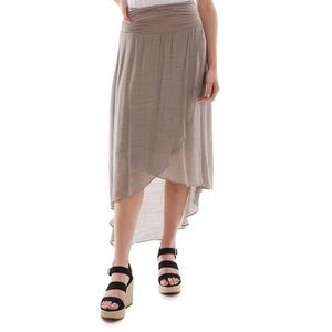 NWOT -GAUZE HI-LO SKIRT IN TAN, SURPLICE HI LO HEM. STRETCH WAISTBAND.